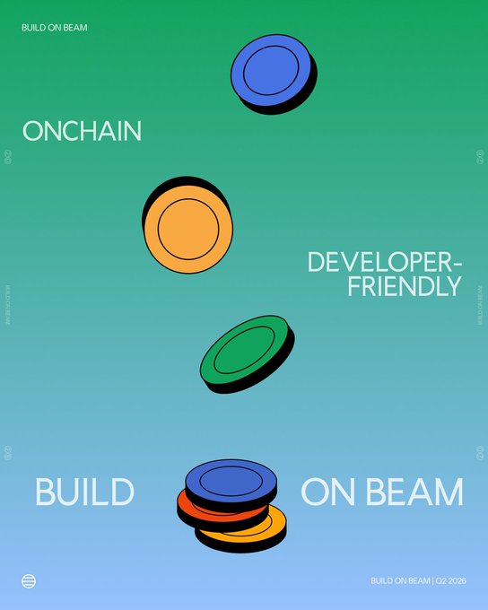 The image features a green, blue, and orange poster with a graphic of four coins dropping down towards the bottom center. The text on the poster says "Build On Beam" and emphasizes that they don't need to own every layer or supply all components themselves. Instead, they should focus on making the layers useful, composable, and developer-friendly. This quote is relevant to the image because it highlights a concept known as component-based architecture (CBCA), which involves breaking down software systems into smaller reusable pieces called components that can be easily plugged together or modified by others without affecting the overall functionality of the system.