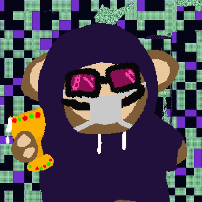 Pixel art illustration of a monkey character in a dark hoodie wearing sunglasses with 'BY' reflected, holding a yellow mug against a purple and black geometric background.