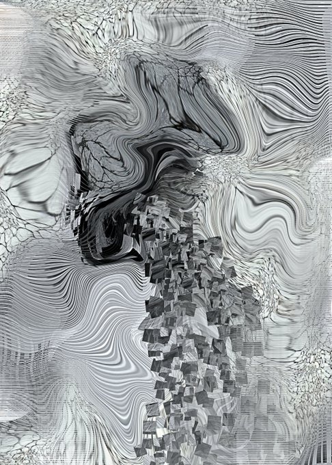 A grayscale abstract artwork shows a fragmented, pixelated vertical structure rising through swirling, wave-like patterns that resemble fluid or smoke.