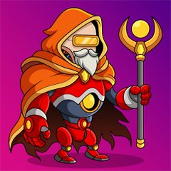 A cartoon-style character illustration features a hooded figure in a red and gray armored suit with goggles, holding a staff topped with a crescent moon and yellow orb against a magenta background.