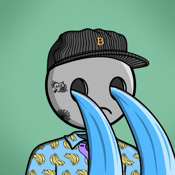 The image features a cartoon character with large blue eyes, wearing a hat and shirt that has bananas printed on them. The character appears sad or upset, as evidenced by their teary eyes. The background of the image is green, which contrasts with the character's attire. There are also banana prints visible in the scene.

The post includes text that reads: "i have the same look on my face when i think about the jeeter i placed a bid on the collection and it was accepted it's sad to see pieces like this go for so little value however it makes me very happy and i plan to keep this little @fomojis in my wallet safe and sound". The post seems to be related to an auction or sale of artwork, as indicated by the character's sad expression.