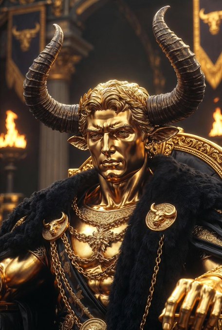 A regal figure with large curved ram horns, adorned in gold armor and a black fur cape, seated on an ornate throne in a torch-lit hall.
