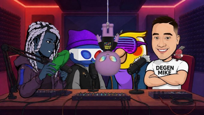 Cartoon-style illustration of a podcast studio with two NFT-style characters and a person wearing a 'DEGEN MIKE' t-shirt sitting at a mixing desk with microphones.