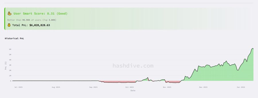 A Hashdive dashboard showing a User Smart Score of 8.31 (Good), better than 94.96% of users (Top 3.04%), with a Total PnL of $6,028,828.63 and a historical PnL chart from July 2025 to January 2026 trending sharply upward to over 6M.