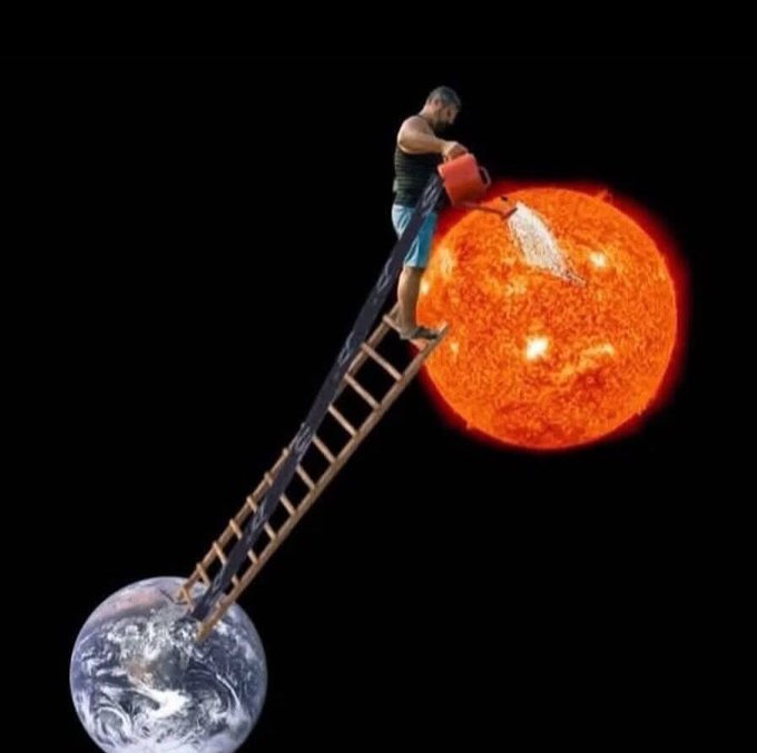 A surreal composite image showing a man on a ladder between Earth and the Sun, pouring liquid from a gas can onto the Sun.