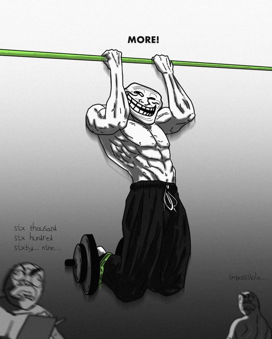 A muscular trollface character hangs from a bar shouting "MORE!" while doing ab crunches with a dumbbell, with onlookers counting repetitions and the word "impossible..." floating nearby—capturing the absurd "all you need is more Troll" mentality around $Troll coin.