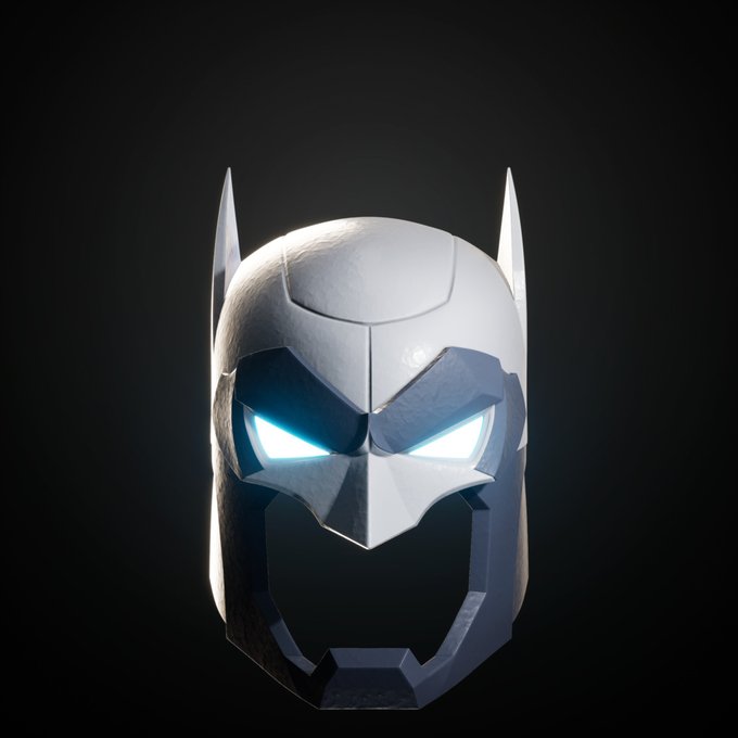 A 3D-rendered, stylized white and black Batman cowl/mask with glowing white triangular eyes against a dark background.