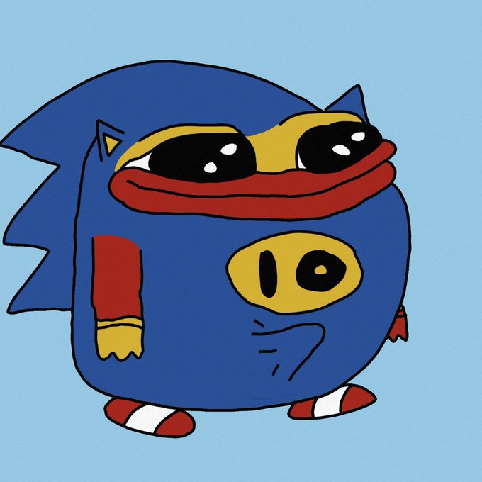 A round, blue cartoon character resembling Sonic the Hedgehog wearing a red scarf has the Pepe the Frog face edited onto its body.