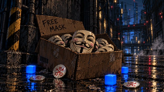 A moody cyberpunk-style image shows a cardboard box labeled 'FREE MASK' filled with V for Vendetta-style Guy Fawkes masks, surrounded by glowing blue cubes on a wet street at night.