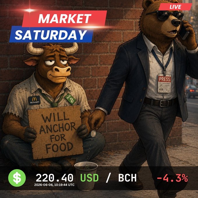 The image depicts two cartoon characters, a bull with horns and a bear wearing sunglasses and a suit jacket, sitting next to each other near a building. The bull has an advertisement posted under its head featuring a sign that says "Will Anchor for Food." The background of the image shows a brick wall behind them, and there is text below that reads "Market Saturday: USD took another 4.3% off BCH.", which seems to be related to the financial market or stock market performance during that particular Saturday.