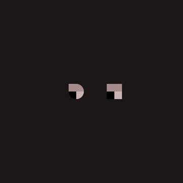 A minimalist dark brown background featuring two small geometric shapes in pink and black in the center.