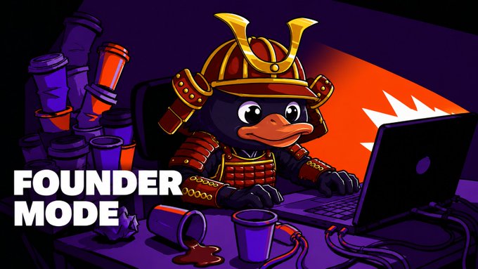 A cartoon penguin wearing samurai armor works intensely at a laptop surrounded by stacked energy drink cans and a tipped-over cup, with the text "FOUNDER MODE" in bold white letters at the bottom left. The image humorously visualizes the grueling, caffeine-fueled hustle of being a founder, matching the post's reflection on "Founder Mode" as a mindset rather than just a title.