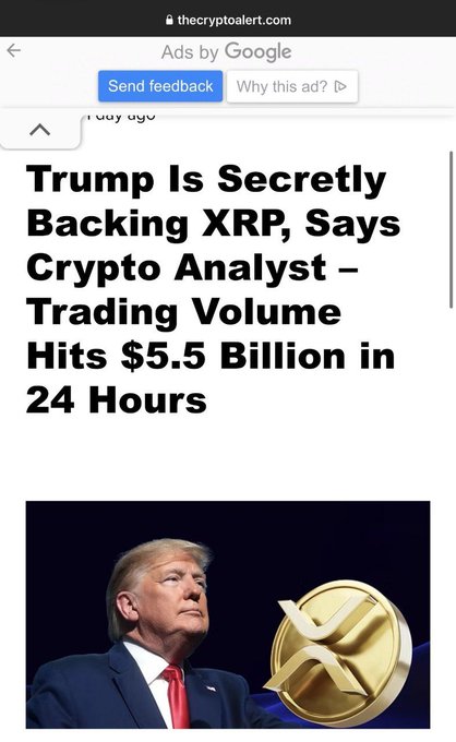 This image shows a news headline stating "Trump Is Secretly Backing XRP, Says Crypto Analyst – Trading Volume Hits $5.5 Billion in 24 Hours" and features Donald Trump next to the XRP logo, supporting claims of his backing.