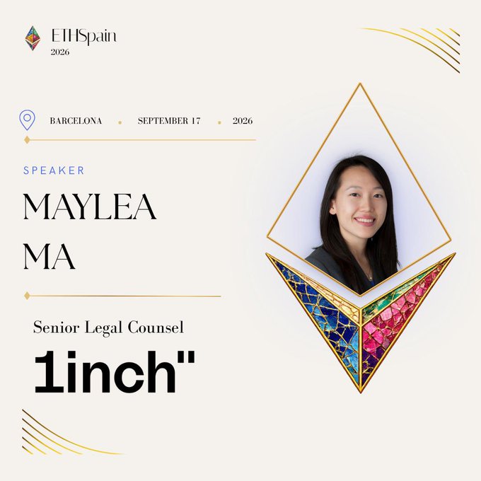 Promotional graphic for EHSpain 2026 in Barcelona on September 17, 2026, featuring speaker Maylea Ma, Senior Legal Counsel at 1inch, displayed within a colorful geometric diamond frame.