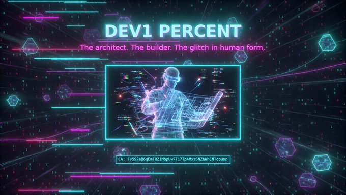 The image features a computer screen with a man holding a laptop, surrounded by neon lights that create an otherworldly atmosphere. The background of the image is dark blue, with various shapes and lines floating around the man's head. The text "Dev1 PERCENT" can be seen in the image as well.