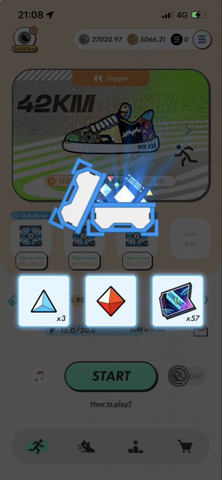 A screenshot from a fitness app shows a Jogger running game interface with rewards including triangular crystals and a cube-shaped item.