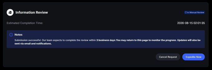 An 'Information Review' status page indicating 'In Manual Review' with an estimated completion time of '2026-08-15 02:01:35' and a message stating the review will be completed within 3 business days.