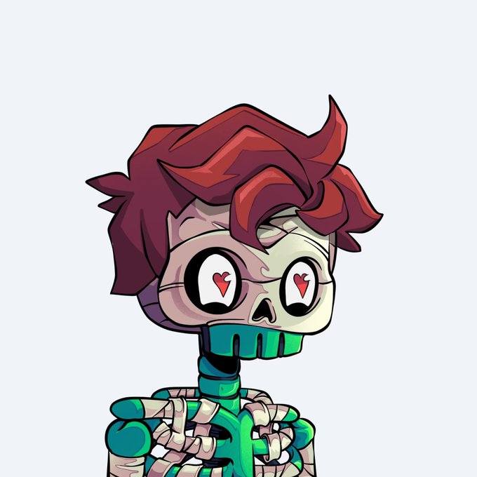 A cartoon illustration of a skeleton character with reddish-brown hair, green teeth, and red heart-shaped pupils, wearing a teal skeletal outfit.