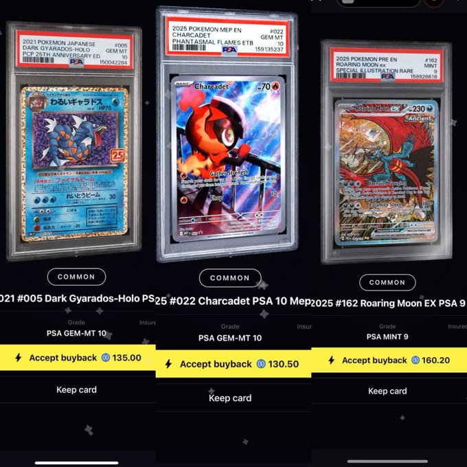 A PSA graded Pokémon card marketplace showing three graded cards for buyback: a PSA 10 Dark Gyarados-Holo for $135.00, a PSA 10 Charcadet for $130.50, and a PSA 9 Roaring Moon EX for $160.20.