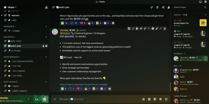 A Discord screenshot from the Utopia platform showing a job posting in #web3-jobs for a 'Frontend Engineer / UI Designer' role at Uropian, a 1-2 month contract position with TCG platform work, posted by user 'zcensus' who also shared business development lead opportunities.