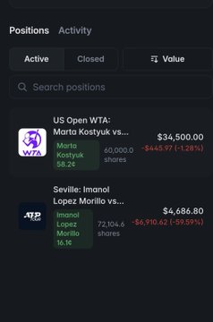A sports betting portfolio showing two active positions: $34,500 on Marta Kostyuk to win the US Open (-1.28%) and $4,686.80 on Imanol Lopez Morillo to win Seville (+59.97%). The image humorously illustrates the wild ride of betting odds, suggesting a platform like $QUOTIENT could be behind such dynamic wagering experiences.
