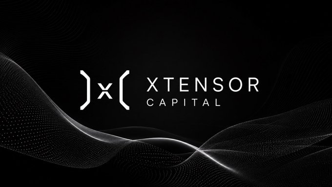 A sleek black promotional banner for XTENSOR CAPITAL featuring a stylized ')(X(' logo and flowing white wave patterns on a dark background.
