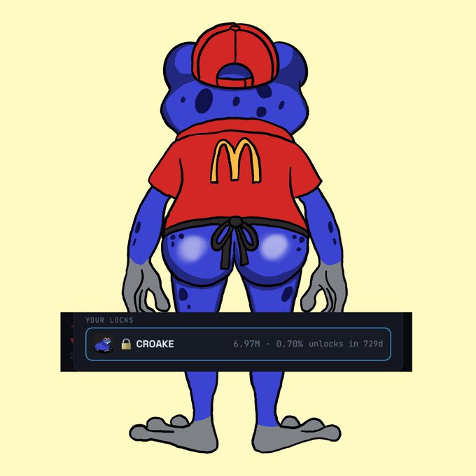 An illustration of a blue spotted character viewed from behind wearing a red McDonald's shirt and cap, with a lock status bar showing 'CROAKE 6.97M • 0.70% unlocks in 729d'.