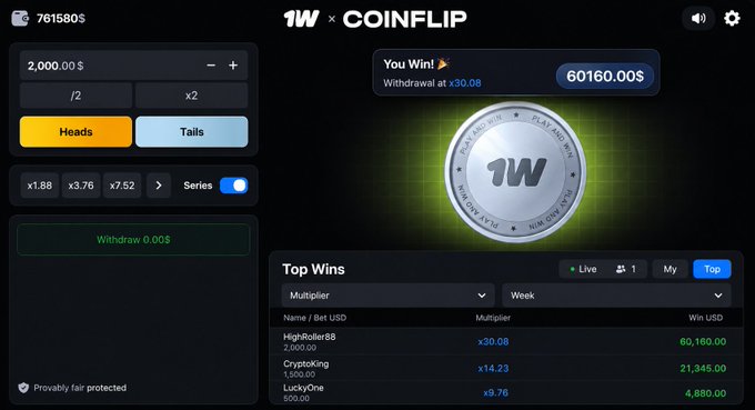 A screenshot of a 1Win x Coinflip gaming interface showing a Heads/Tails betting game with a bet of $2,000.00 and a listed winning payout of $60,160.00.