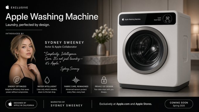 The image is a satirical promotional graphic for a fictional "Apple Washing Machine," featuring actress Sydney Sweeney with the tagline "Laundry, perfected by design," mocked to look like an official Apple product ad. It humorously riffs on Apple's brand, tying into the post's bullish take on $AAPL by parodying the company's premium product marketing style as a joke about Apple reaching new all-time highs.