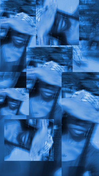 A collage of heavily motion-blurred, blue-tinted screenshots showing partial views of a person wearing a fishnet top and dark straps in what appears to be a bedroom setting.