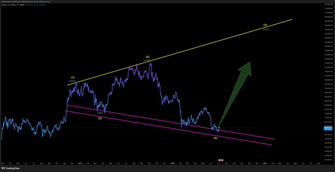 This is a TradingView chart of Bitcoin/Bitfinex Bitcoin (BTCUSD/BTC) showing an Elliott Wave pattern analysis, with labeled wave points (1) through (5) and an ABC corrective structure highlighted by yellow and pink trendlines. The green upward arrow and wave (5) label at the top suggest the analyst is anticipating a bullish reversal, addressing the post's question about whether the bottom is in for BTC.