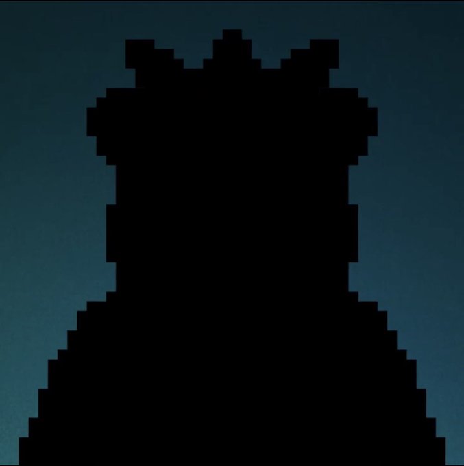 A dark silhouette of a pixelated character wearing a crown against a dark blue background.