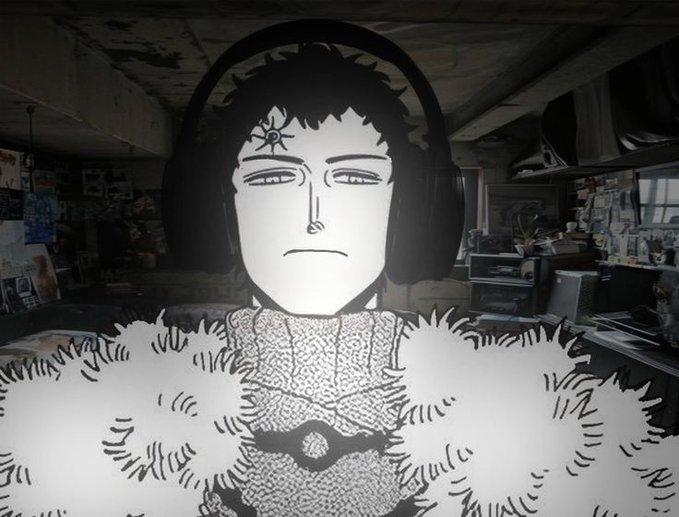 An illustrated anime-style character with short dark hair, headphones, and a fur-collared outfit is overlaid on a photo of a cluttered room.