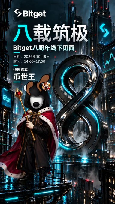 A Bitget promotional poster for their 8th anniversary offline event (Bitget八周年线下见面) on October 8, 2026, featuring a bear mascot in royal attire next to a large metallic '8' with Chinese text including '八载筑极' and '币世王'.