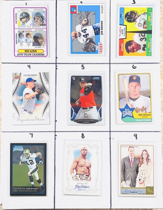 A collection of nine numbered sports and pop culture trading cards, including Bears team leaders, Morse of Fish, Matt Williams, Clayton Kershaw, Jose Fernandez, Marques Colston, Joner Jr., and a Royal Wedding card.