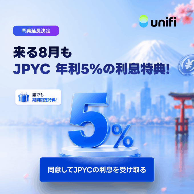 A promotional banner from Unifi advertising a 5% annual interest bonus on JPYC stablecoins for August, featuring Mount Fuji and a cityscape background.