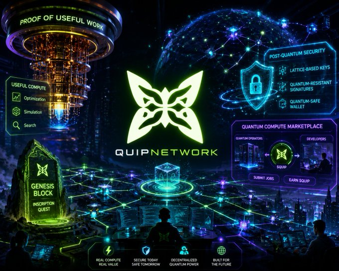 A promotional graphic for 'QUIPNETWORK' featuring a neon green logo, highlighting 'PROOF OF USEFUL WORK', 'POST-QUANTUM SECURITY', and a 'QUANTUM COMPUTE MARKETPLACE' with a futuristic city background.