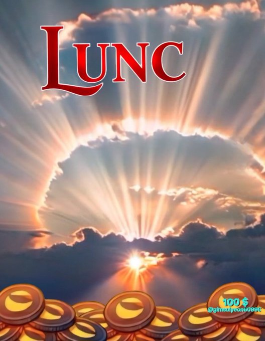 The text 'Lunc' in red letters appears over a dramatic sky with sun rays breaking through clouds, with a pile of gold coins featuring a crescent symbol at the bottom, watermarked '100+ @aimauicons0091'.