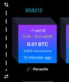 A dark screenshot showing '0.01 BTC' with '14 minutes ago' displayed alongside what appears to be a Parclite interface.
