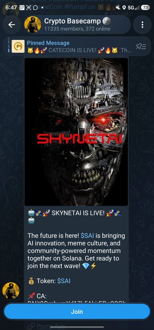 A Telegram channel screenshot for "Crypto Basecamp" featuring a pinned message about "SKYNETAI" with a Terminator-style robotic skull image, promoting the $SAI token launch on Solana.