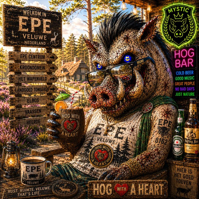 The image features a large pig statue sitting at a table surrounded by various beer bottles and cups. The pig has a green shirt, glasses, and sunglasses, giving it a unique appearance. In front of the pig, there are several beer bottles and cups scattered around, suggesting that this scene takes place in an area where people gather to enjoy drinks and socialize. The post also mentions a website called "Hog with a heart" which could be related to the beer bottles or possibly another online platform.