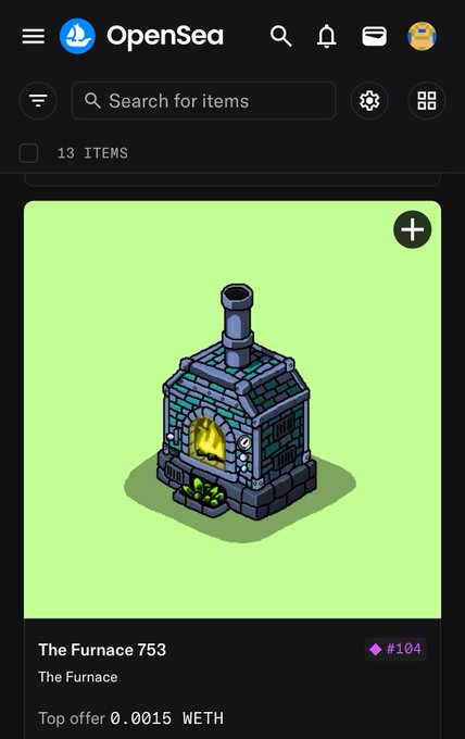 An OpenSea NFT marketplace screenshot displaying an item called 'The Furnace 753' from 'The Furnace' collection, priced at #104, with a top offer of 0.0015 WETH and an isometric illustration of a stone furnace.