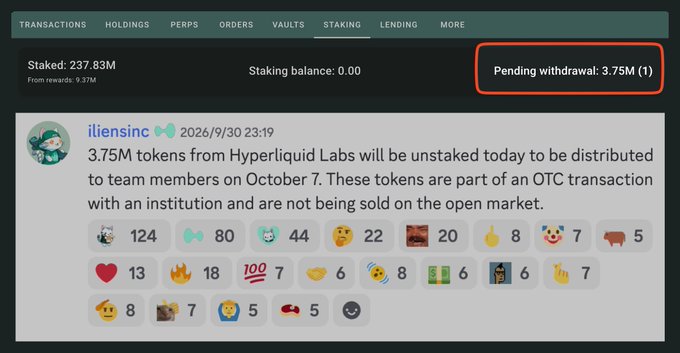 A dashboard for Hyperliquid Labs shows 'Staked: 237.83M' tokens with a highlighted 'Pending withdrawal: 3.75M (1)', and a community message from 'ililensic' dated '2026/9/30' explaining the unstaked tokens are part of an OTC transaction.