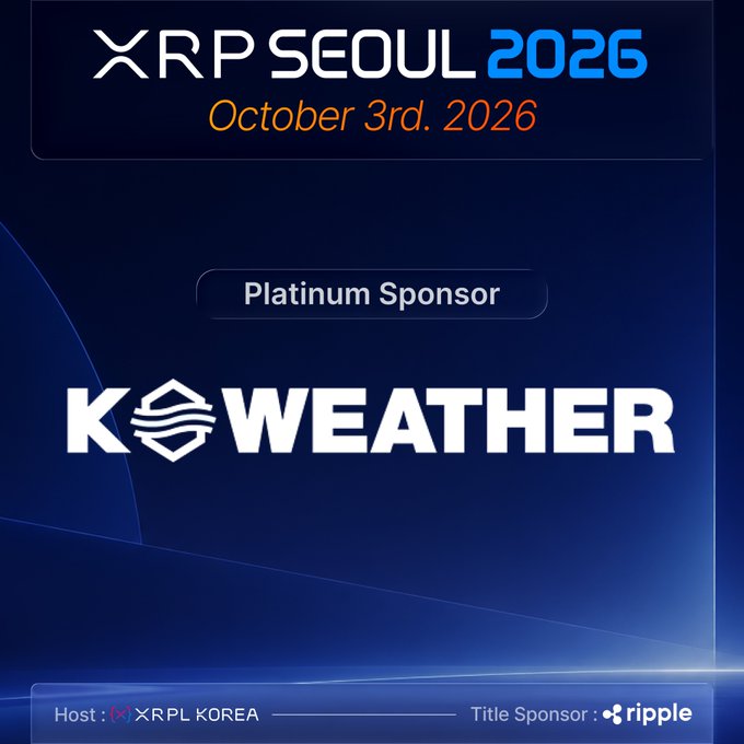 A promotional graphic for the 'XRP SEOUL 2026' event on 'October 3rd. 2026', featuring 'KWEATHER' as a Platinum Sponsor, hosted by XRPL KOREA and sponsored by ripple.