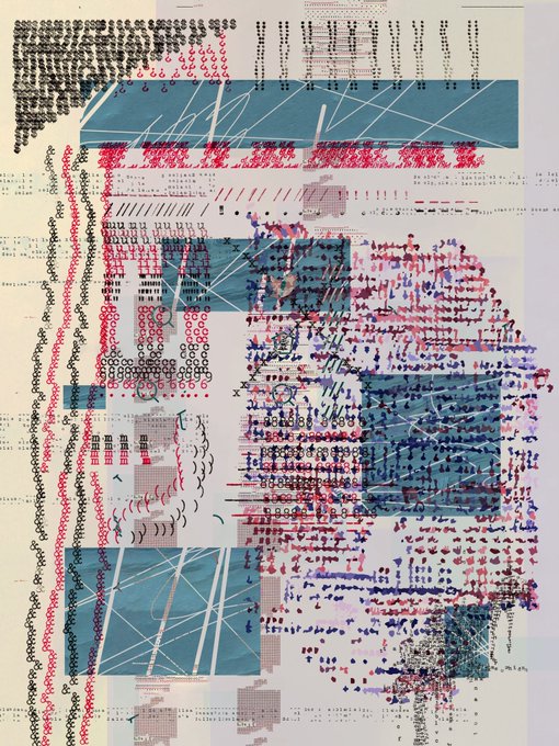 An abstract collage artwork featuring dense patterns of red and blue marks, lines, and symbols layered over geometric blue shapes on a light background.