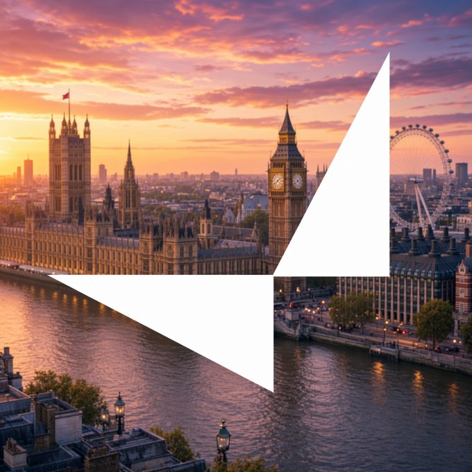 An image of London featuring the Houses of Parliament, Big Ben, and the London Eye at sunset, overlaid with a large white geometric '4' shape.