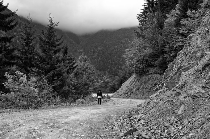 A black and white photograph of a lone person walking down a dirt road through a misty mountain landscape surrounded by pine trees and rocky terrain.