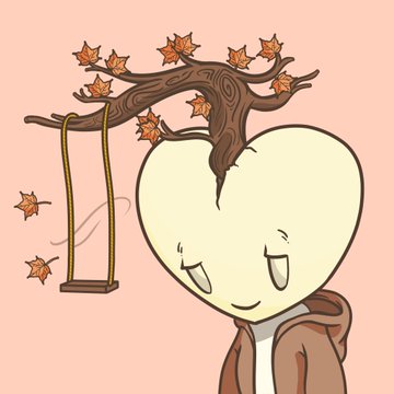 A cartoon-style illustration of a melancholy, heart-shaped character wearing a brown jacket beneath a barren tree with falling autumn leaves.