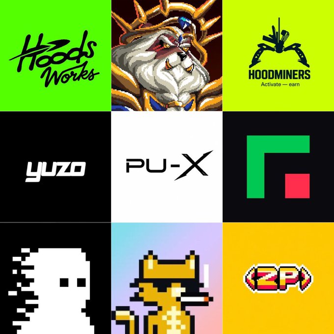A 3x3 grid showcasing various brand logos including Hoods Works, Hoodminers, Yuzo, PU-X, a green "r" logo, and pixel-art designs, with one featuring the bearded lion character.