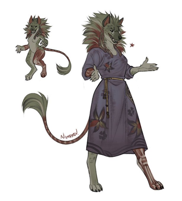 A character design sheet showing two views of an anthropomorphic canine/lion-like creature with a mane of green and red fur, featuring a smaller feral version in the top left and a larger anthropomorphic version wearing a purple floral dress in the center. The artwork is signed "Niharaj" near the tail, and appears to be a character reference likely targeted by the "attack 4 crys_phoenix" tag, suggesting the character may belong to user crys_phoenix and be subject to an art "attack" (a collaborative drawing exchange).